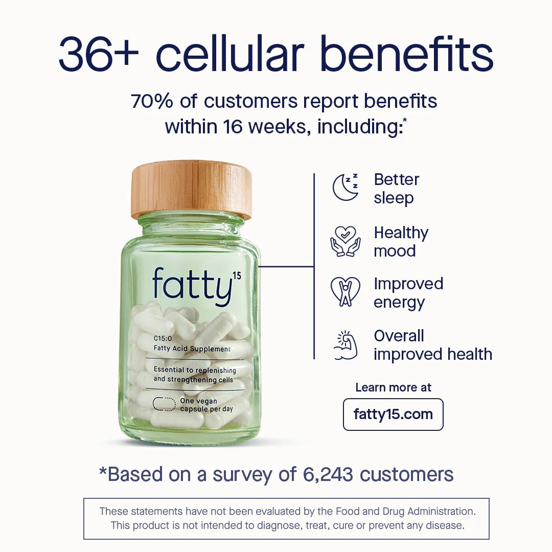 Fatty15 C15:0 Pentadecanoic Acid Supplement The Longevity Nutrient - 90 Vegan Capsules - 3x Cellular Benefits of Fish Oil Omega 3 Supplements - Gut Health, Liver Support, & Mitochondrial Health