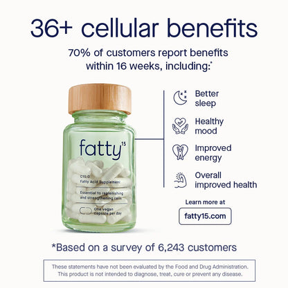 Fatty15 C15:0 Pentadecanoic Acid Supplement The Longevity Nutrient - 90 Vegan Capsules - 3x Cellular Benefits of Fish Oil Omega 3 Supplements - Gut Health, Liver Support, & Mitochondrial Health